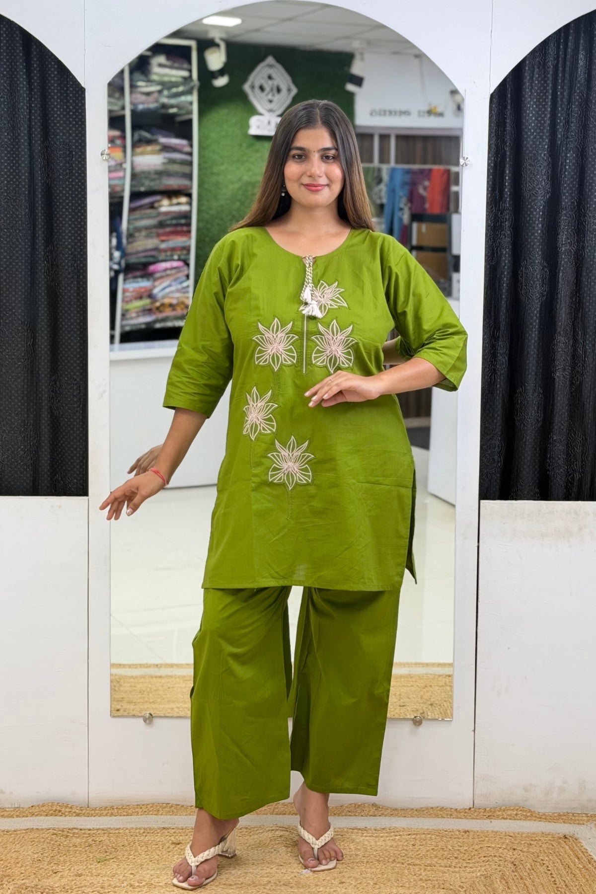 Cotton Short Kurti Palazzo Cord Set with Floral Embroidery, Dori Tassels & Pocket Palazzo