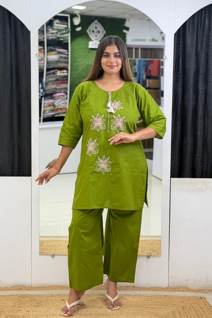 Cotton Short Kurti Palazzo Cord Set with Floral Embroidery, Dori Tassels & Pocket Palazzo