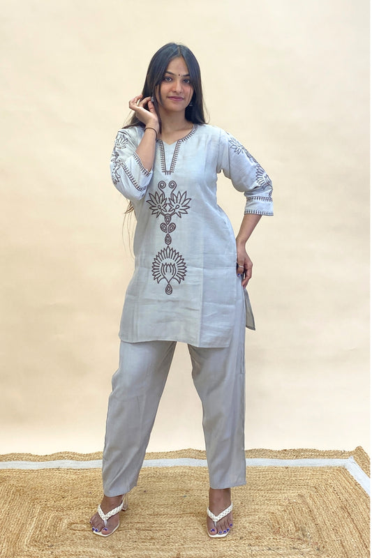 Embroidered Co-ord Set with Brown Thread Work | Short Tunic & Pant Set