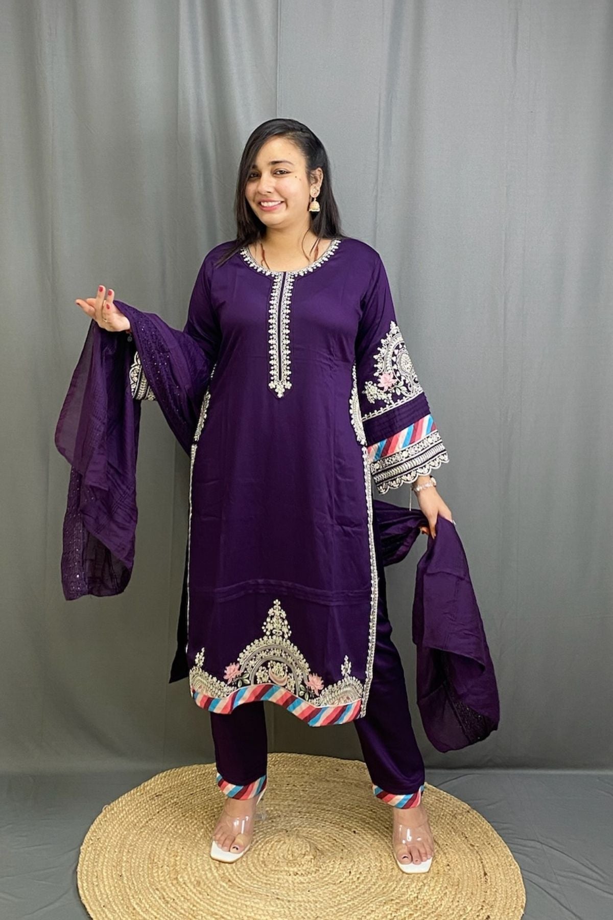 Luxurious Heavy Imported Fabric Suit Set with Kashmiri Patchwork & Dupatta