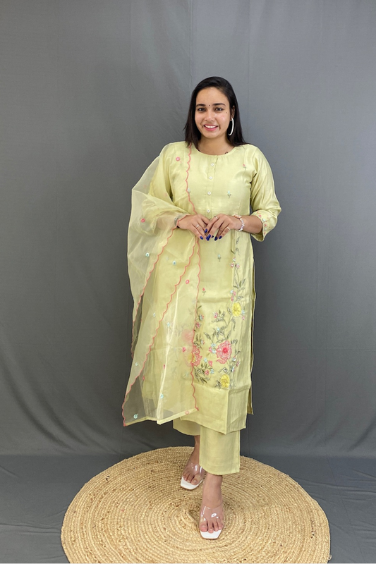 Light Green Roman Silk Kurti Pant Set with Floral Embroidery, Cutdana Work & Organza Dupatta