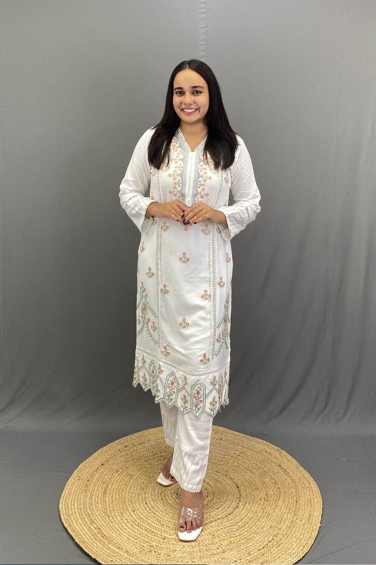 White Pakistani Style Kurta Set with Intricate Embroidery, Lace Work & Chiffon Dupatta
