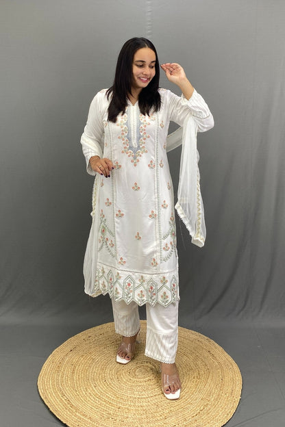 White Pakistani Style Kurta Set with Intricate Embroidery, Lace Work & Chiffon Dupatta