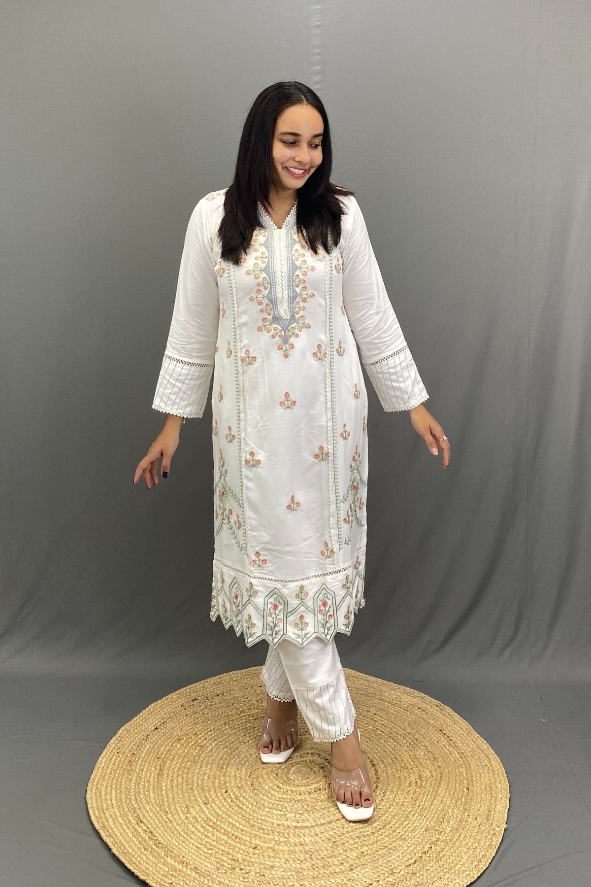 White Pakistani Style Kurta Set with Intricate Embroidery, Lace Work & Chiffon Dupatta