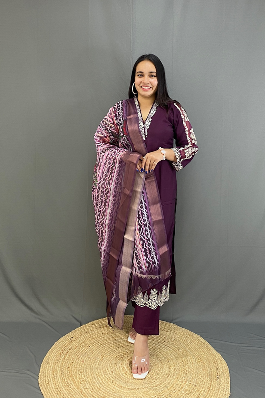Wine Roman Silk V-Neck Kurti Pent Set with Lace Work and printed organza Dupatta