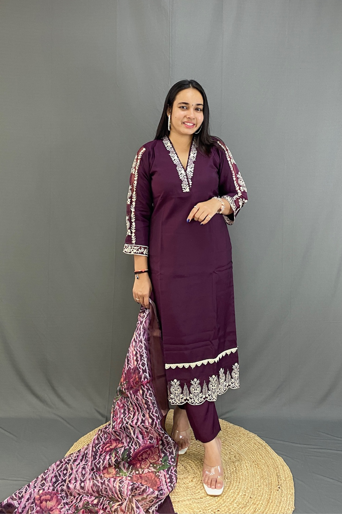 Wine Roman Silk V-Neck Kurti Pent Set with Lace Work and printed organza Dupatta