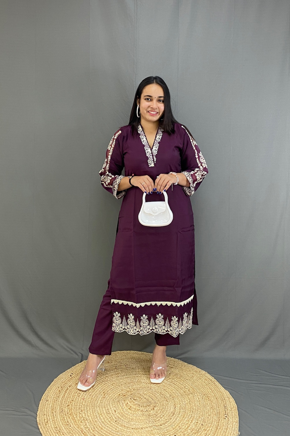 Wine Roman Silk V-Neck Kurti Pent Set with Lace Work and printed organza Dupatta