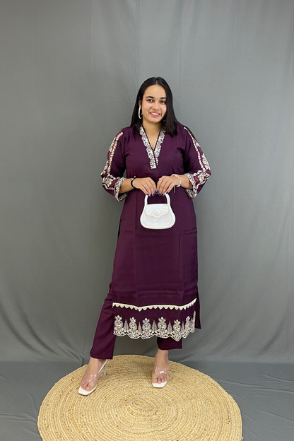 Wine Roman Silk V-Neck Kurti Pent Set with Lace Work and printed organza Dupatta