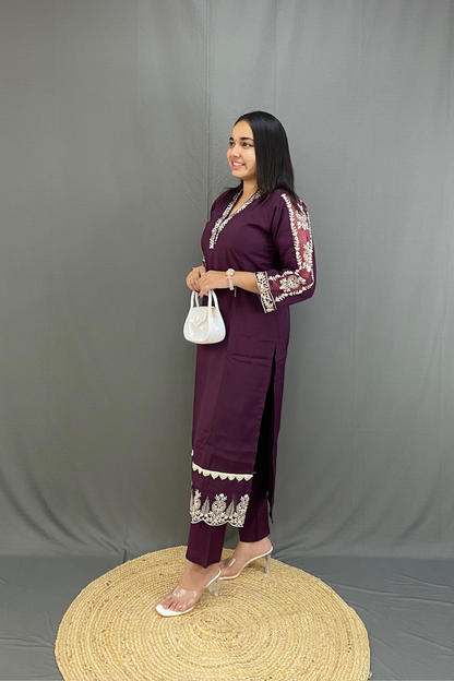 Wine Roman Silk V-Neck Kurti Pent Set with Lace Work and printed organza Dupatta