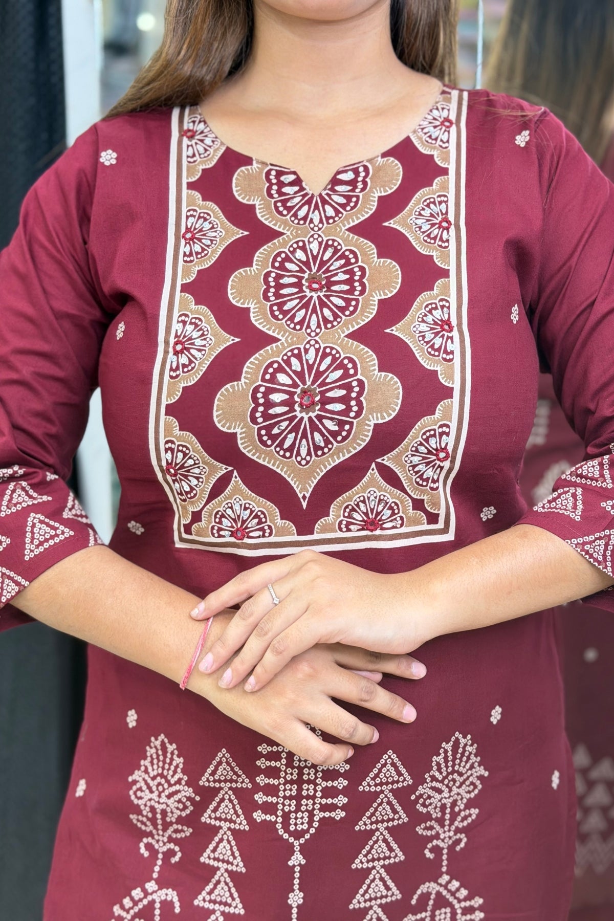 Cotton Bandhani Printed Straight Kurta Semi Palazzo Dupatta Set with Mirror Work
