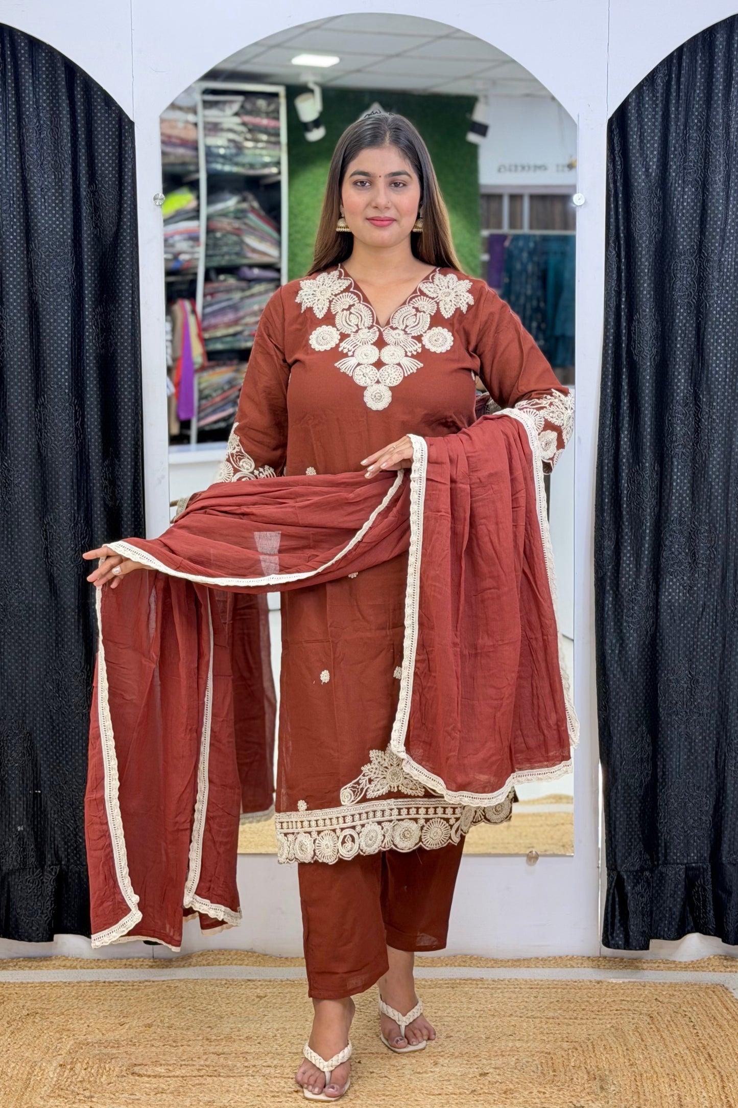 Premium Cotton Straight Kurti Set with Thread & Tikki Work, Pocket Pants & Mulmul Dupatta
