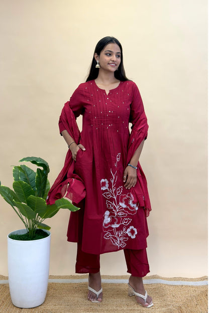 Premium Cotton Kurti Pant Dupatta Set with Pleated Neckline & Moti Work