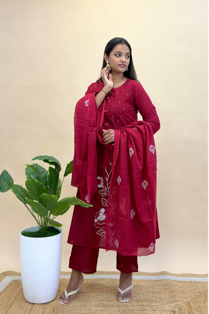 Premium Cotton Kurti Pant Dupatta Set with Pleated Neckline & Moti Work