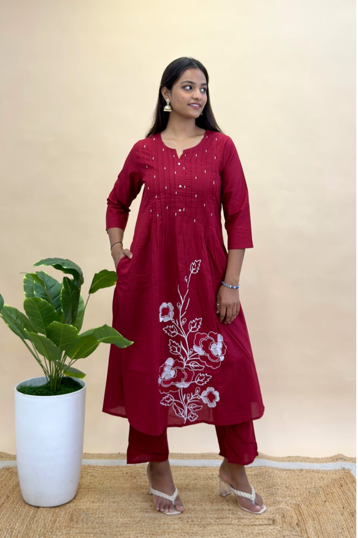 Premium Cotton Kurti Pant Dupatta Set with Pleated Neckline & Moti Work