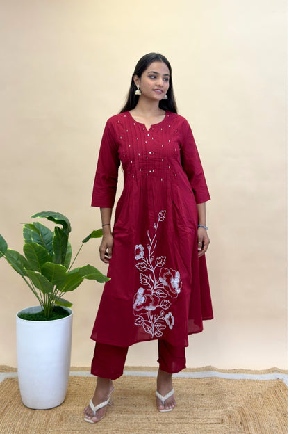 Premium Cotton Kurti Pant Dupatta Set with Pleated Neckline & Moti Work