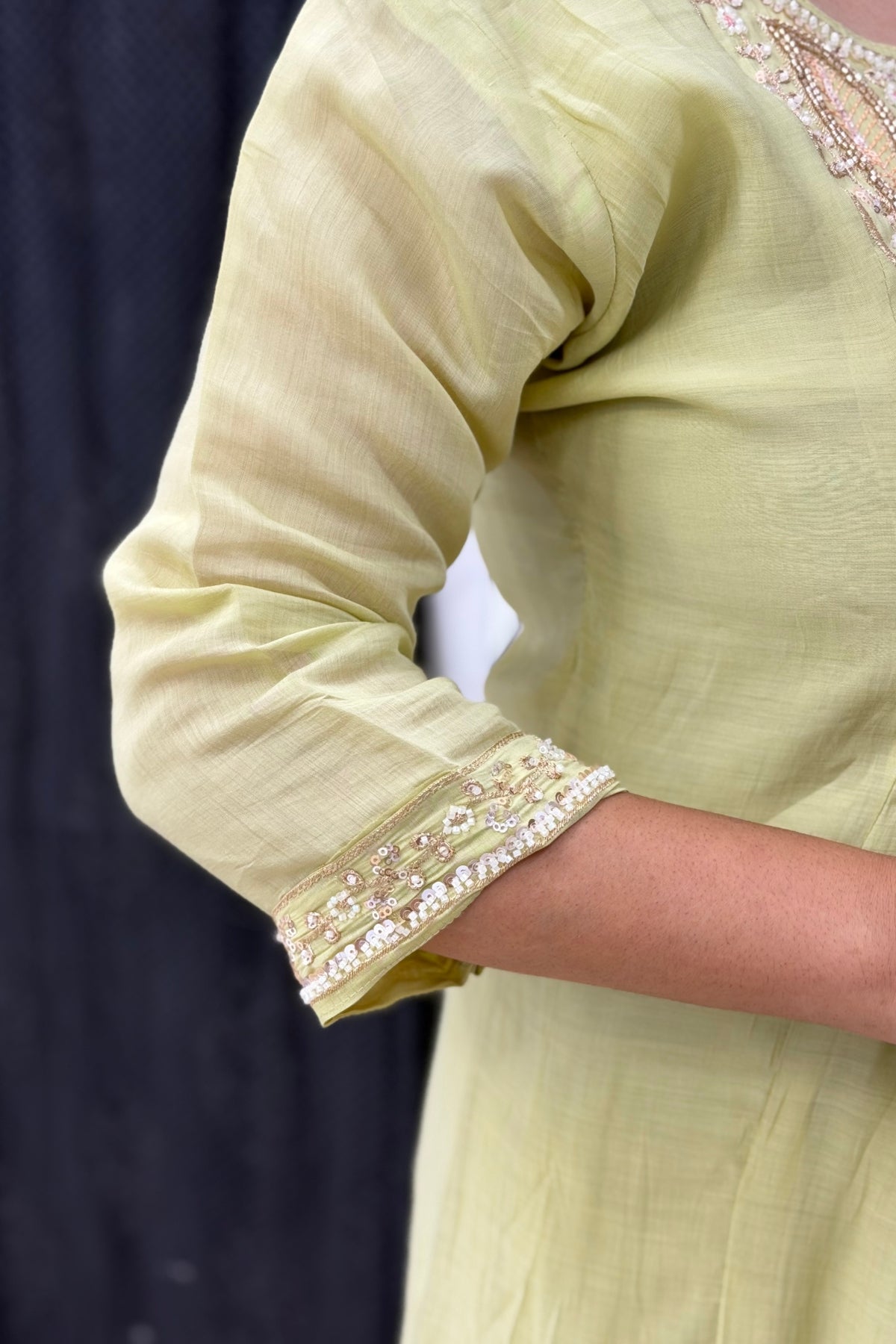 Mul Chanderi Empire-Waist Anarkali Kurta Pant Dupatta Set with Beaded Cut Dana Scoop Neckline
