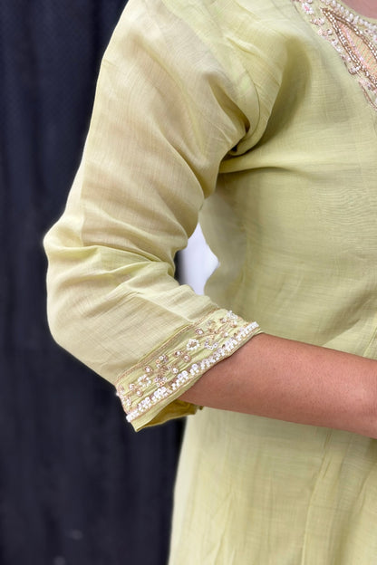 Mul Chanderi Empire-Waist Anarkali Kurta Pant Dupatta Set with Beaded Cut Dana Scoop Neckline