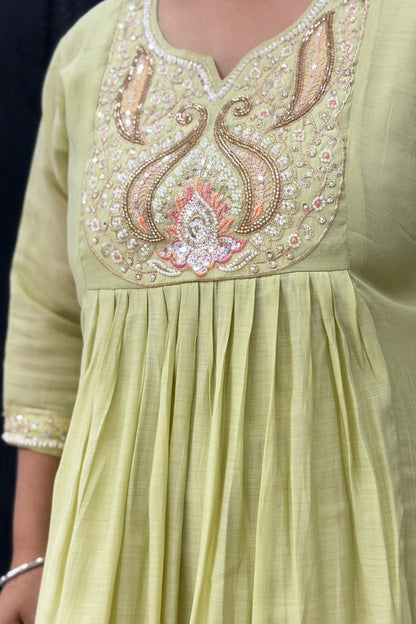 Mul Chanderi Empire-Waist Anarkali Kurta Pant Dupatta Set with Beaded Cut Dana Scoop Neckline
