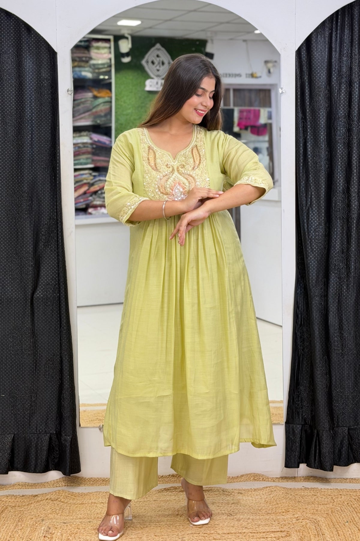 Mul Chanderi Empire-Waist Anarkali Kurta Pant Dupatta Set with Beaded Cut Dana Scoop Neckline