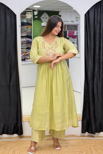 Mul Chanderi Empire-Waist Anarkali Kurta Pant Dupatta Set with Beaded Cut Dana Scoop Neckline