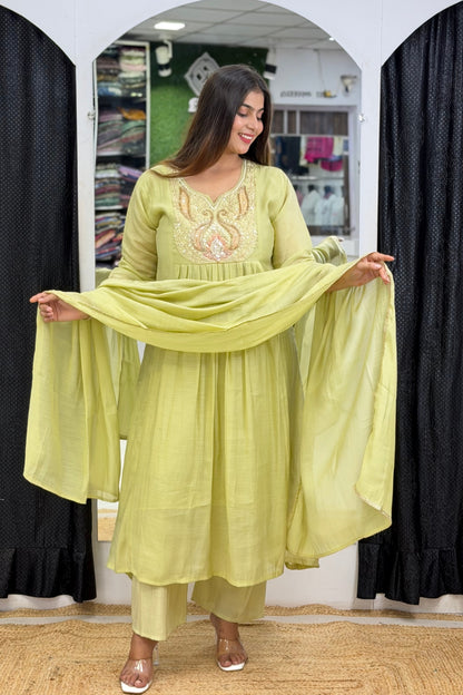 Mul Chanderi Empire-Waist Anarkali Kurta Pant Dupatta Set with Beaded Cut Dana Scoop Neckline