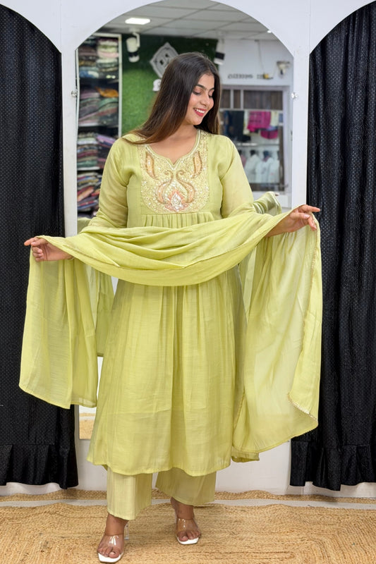 Mul Chanderi Empire-Waist Anarkali Kurta Pant Dupatta Set with Beaded Cut Dana Scoop Neckline