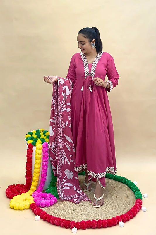 Premium Mul Cotton Anarkali Kurti Pant Set with Mal Cotton Dupatta – Shisha Embroidery & Tassel Detailing