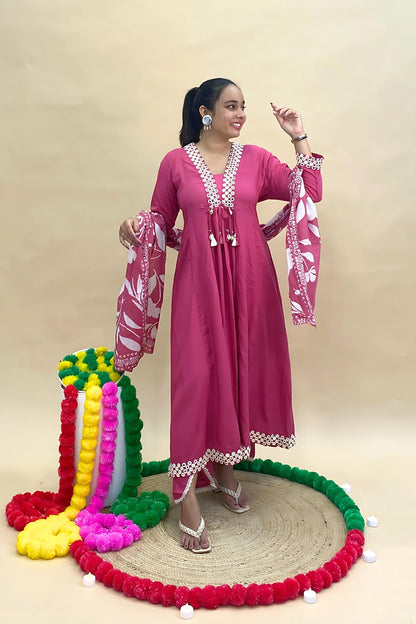Premium Mul Cotton Anarkali Kurti Pant Set with Mal Cotton Dupatta – Shisha Embroidery & Tassel Detailing