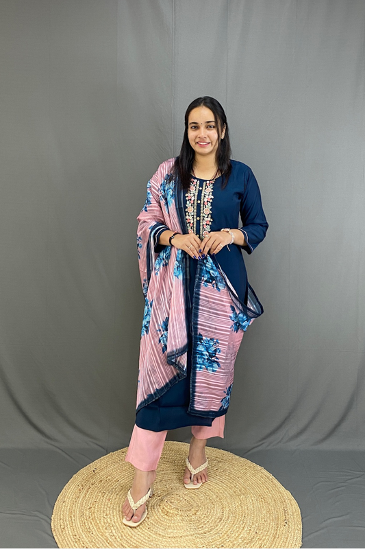 Elegant Navy Blue Roman Silk Kurti Set with Contrast Pink Pant & Floral Dupatta