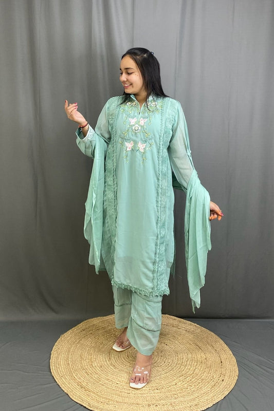 Georgette Suit Set with Embroidery and Lace Detailing & Pakistani Style Sleeves