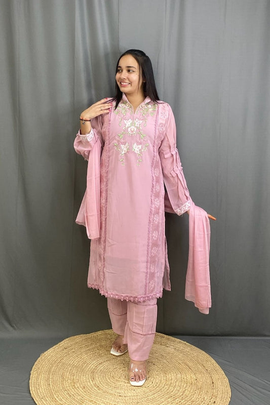 Georgette Suit Set with Embroidery and Lace Detailing & Pakistani Style Sleeves