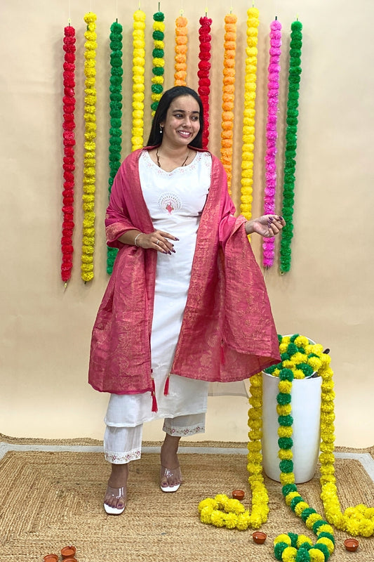 Roman Silk Sleeveless Kurti Pant Set with Contrast Banarasi Dupatta – Peacock Embroidered Neckline