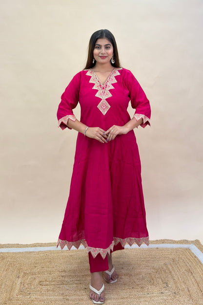 Silk Anarkali Kurta Pant Set with Pink & Gold Thread Embroidery and Banarasi Dupatta
