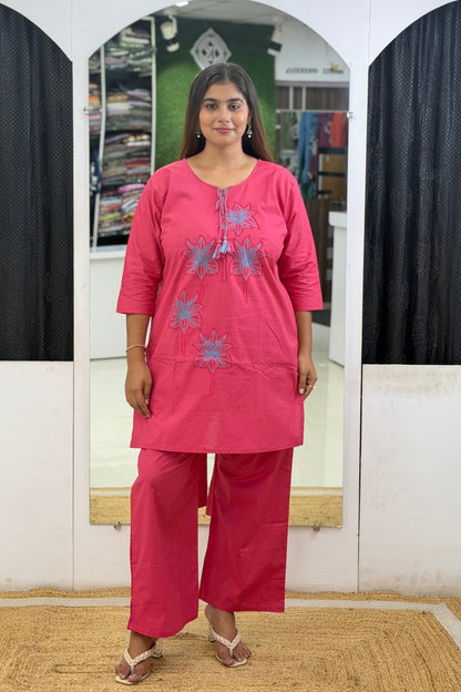 Cotton Short Kurti Palazzo Cord Set with Floral Embroidery, Dori Tassels & Pocket Palazzo