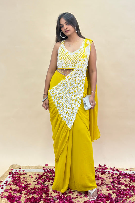 Ready-to-Wear Pre-Draped Saree Set with Embellished Crop Blouse & Peacock Pallu