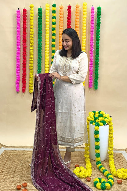 Premium Silk Kurti Pant Dupatta Set – Threadwork Neckline & All-Over Tikki Embroidery with Contrast Dupatta