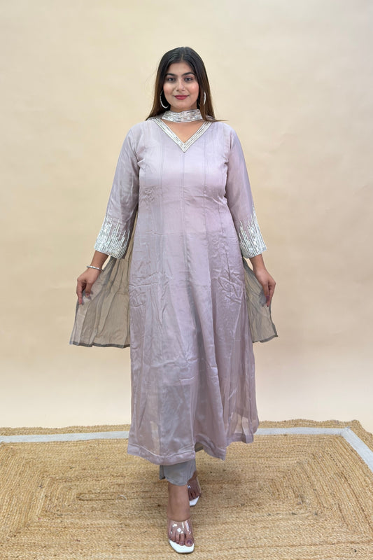 Pure Crepe Lilac A-Line Ethnic Set with White Motif Embroidery & Dupatta