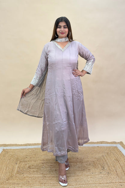 Pure Crepe Lilac A-Line Ethnic Set with White Motif Embroidery & Dupatta