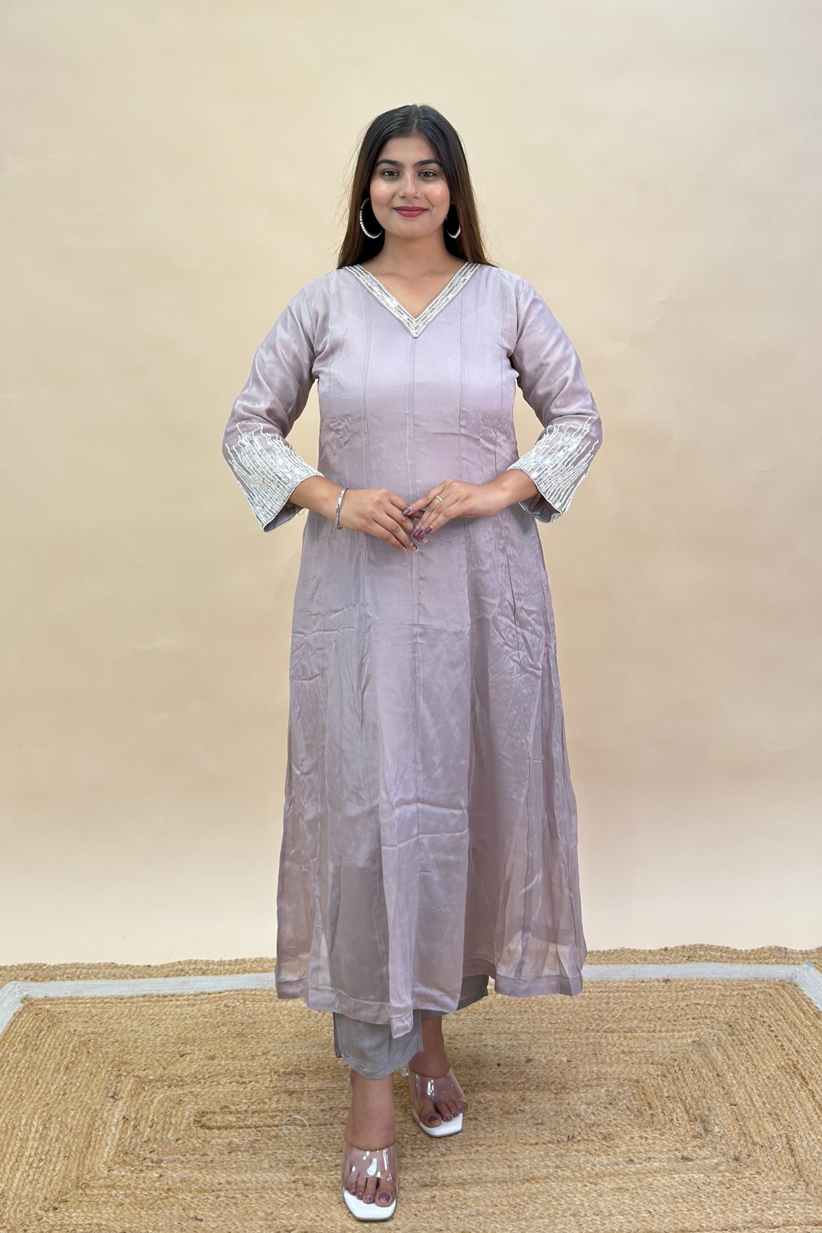 Pure Crepe Lilac A-Line Ethnic Set with White Motif Embroidery & Dupatta