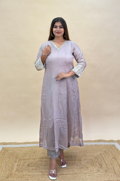 Pure Crepe Lilac A-Line Ethnic Set with White Motif Embroidery & Dupatta