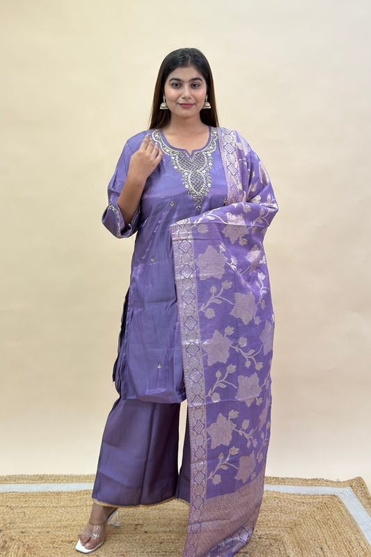 Plus Size Short Kurta Palazzo Set with Cut-Dana Work Neckline & Banarasi Dupatta