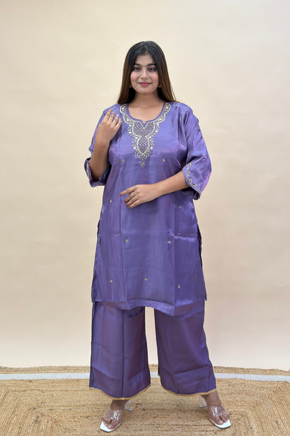 Plus Size Short Kurta Palazzo Set with Cut-Dana Work Neckline & Banarasi Dupatta