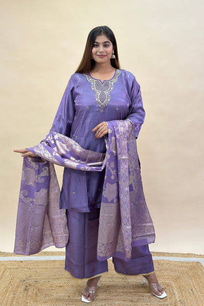 Plus Size Short Kurta Palazzo Set with Cut-Dana Work Neckline & Banarasi Dupatta