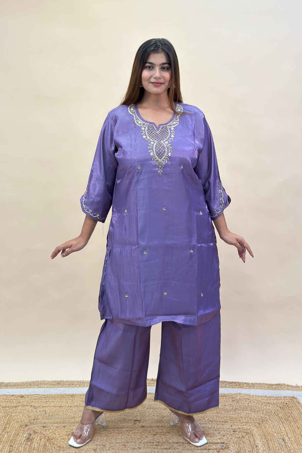 Plus Size Short Kurta Palazzo Set with Cut-Dana Work Neckline & Banarasi Dupatta