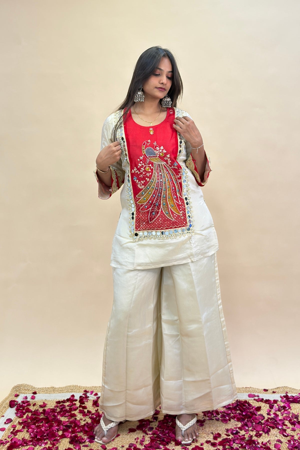Red Embroidered Punjabi Suit with Peacock Motif, Silk Palazzo & Lace Dupatta