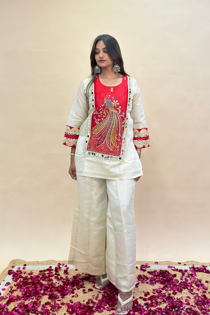 Red Embroidered Punjabi Suit with Peacock Motif, Silk Palazzo & Lace Dupatta
