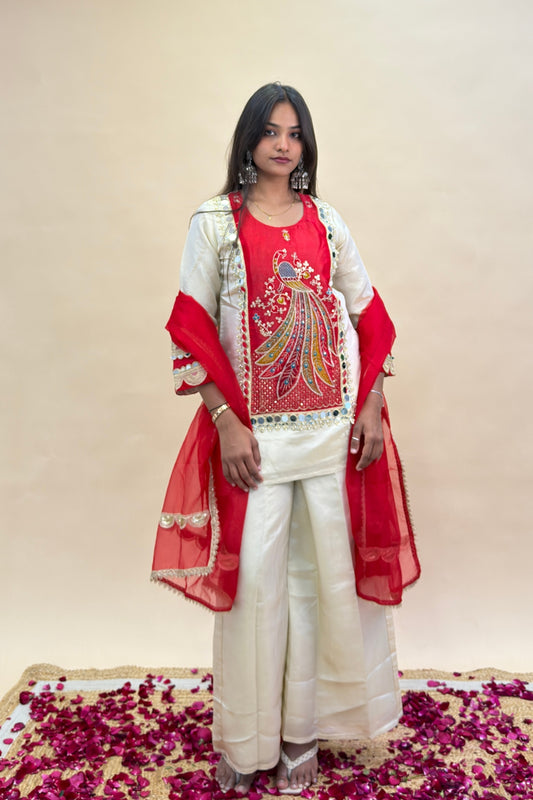 Red Embroidered Punjabi Suit with Peacock Motif, Silk Palazzo & Lace Dupatta