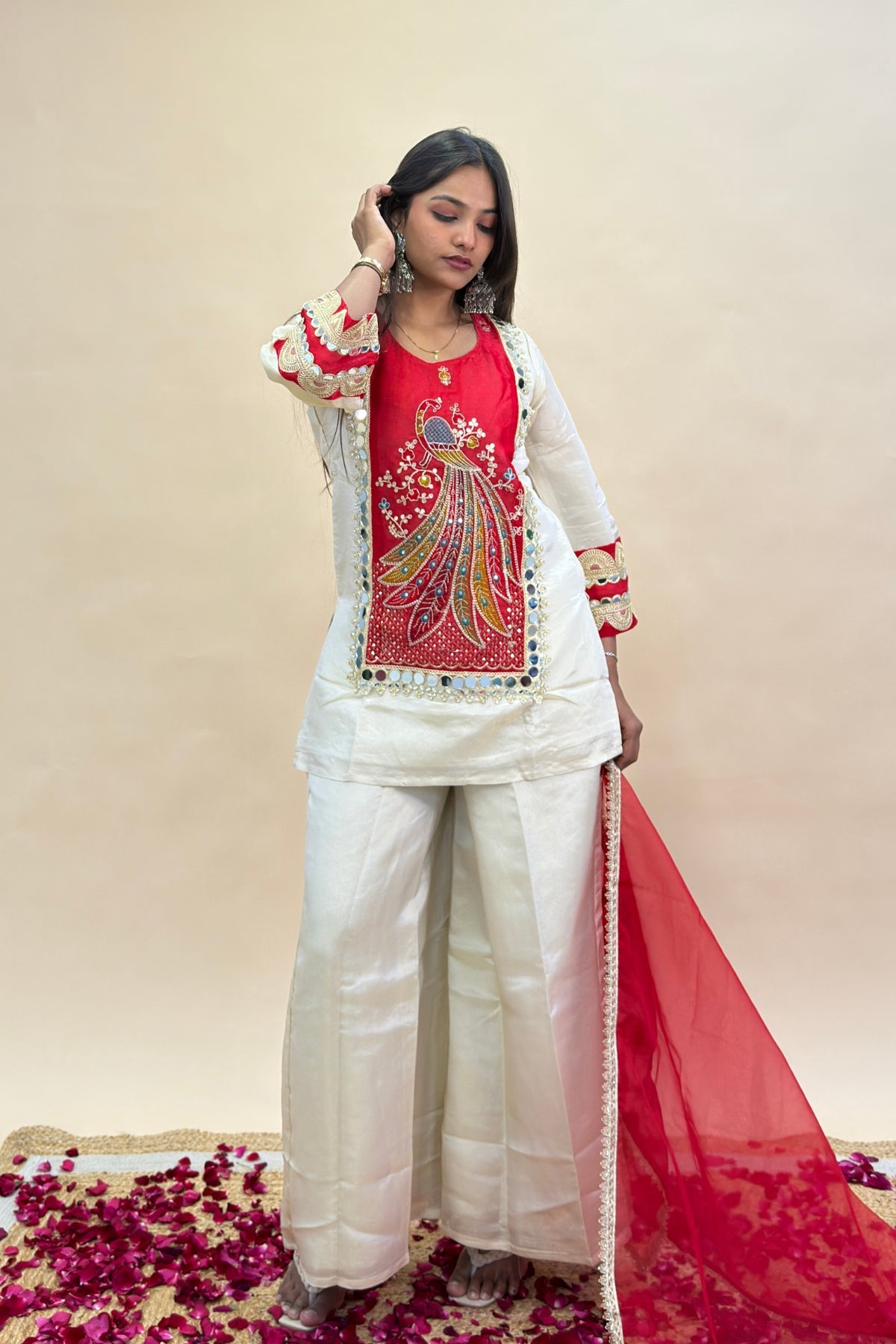 Red Embroidered Punjabi Suit with Peacock Motif, Silk Palazzo & Lace Dupatta