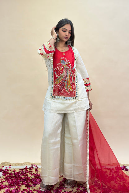 Red Embroidered Punjabi Suit with Peacock Motif, Silk Palazzo & Lace Dupatta