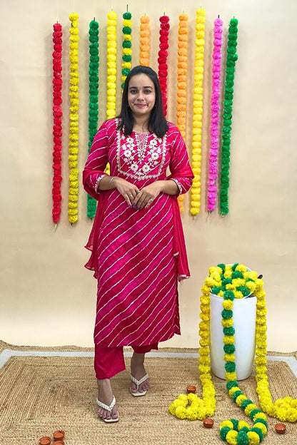 Jaipur Lehariya Print Kurti Pant Set with Gotta Patti Neckline & Chiffon Dupatta